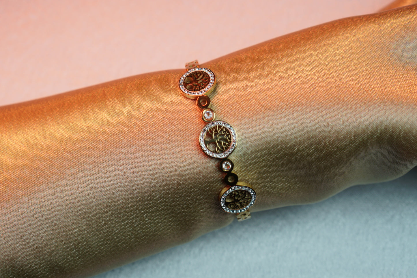 Tree of Life Bracelet with CZ Gems held in a Gold Metal Body