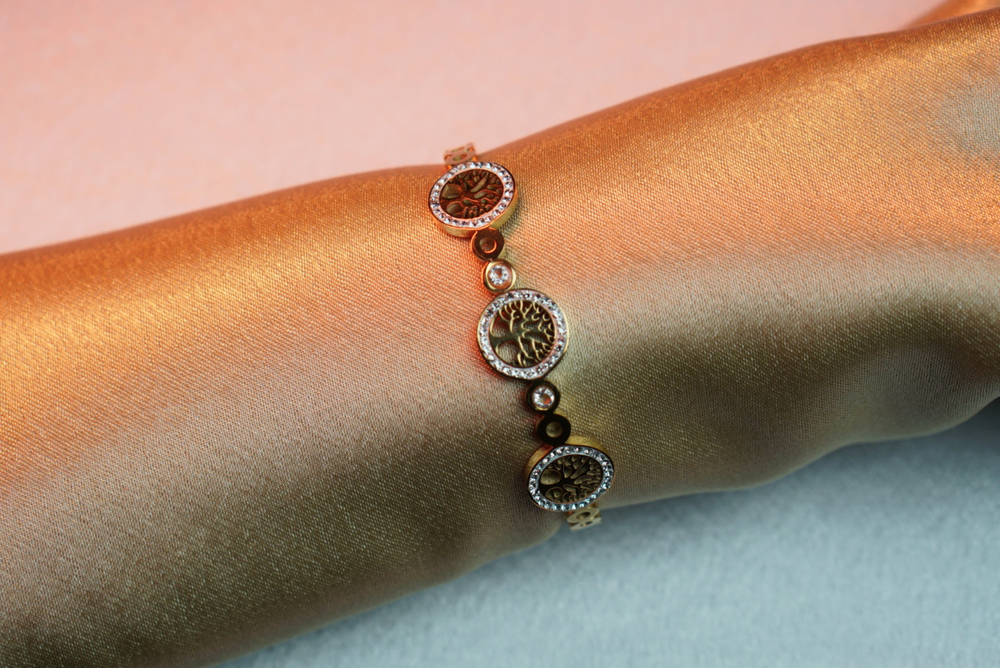 Tree of Life Bracelet with CZ Gems held in a Gold Metal Body