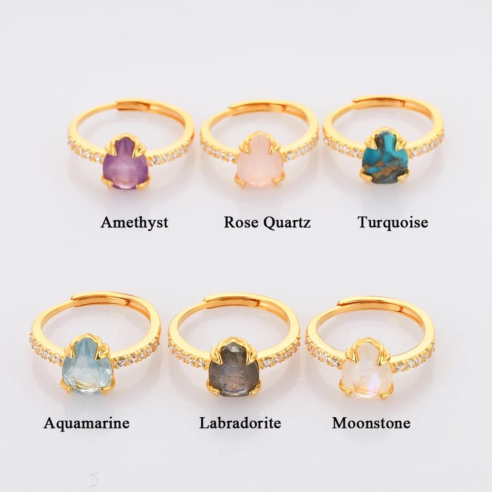 Womens Gemstone Rings - Adjustable Band Size, 18k Gold Plated, 925 Sterling Silver Base Metal with Original Gemstones - RESIZEABLE