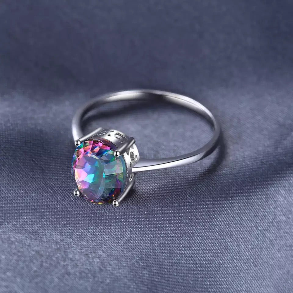 Unique Design Sterling Silver 925 Oval Rainbow Fire Mystic Quartz Ring, VVS Clarity, Brazilian Gem Origin