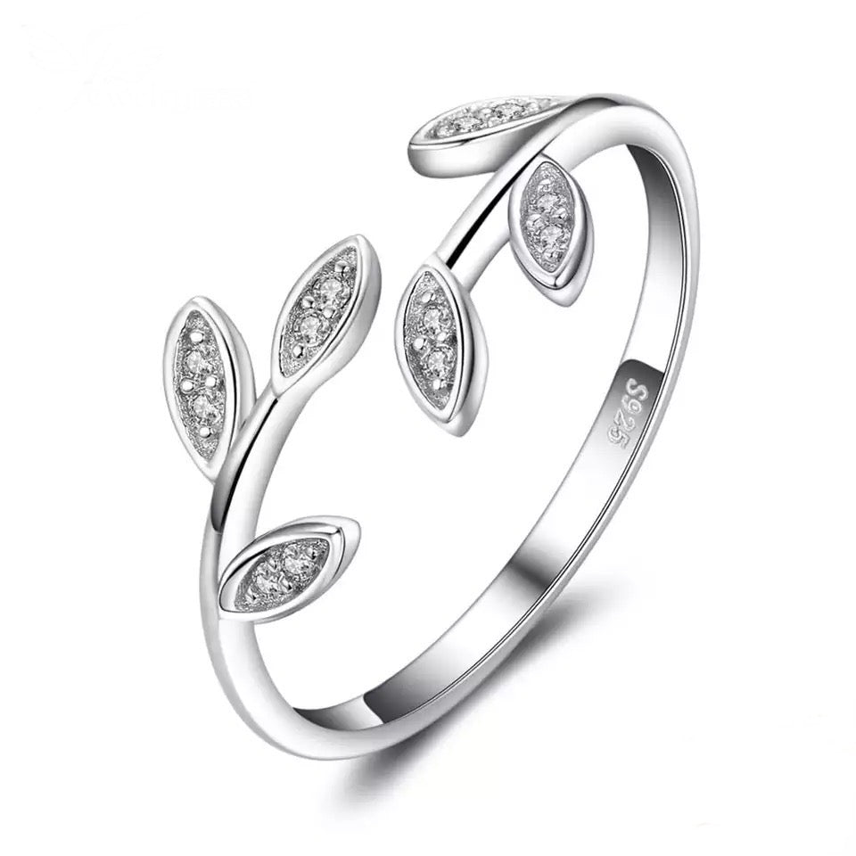 Olive Leaf 925 Silver Ring with Cubic Zirconia - Rhodium Plated, Adjustable Size and Tarnish-Resistant for All Occasions