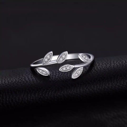 Olive Leaf 925 Silver Ring with Cubic Zirconia - Rhodium Plated, Adjustable Size and Tarnish-Resistant for All Occasions