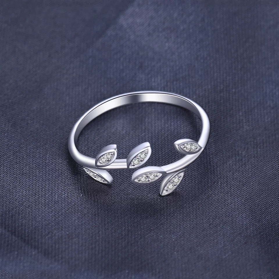 Olive Leaf 925 Silver Ring with Cubic Zirconia - Rhodium Plated, Adjustable Size and Tarnish-Resistant for All Occasions