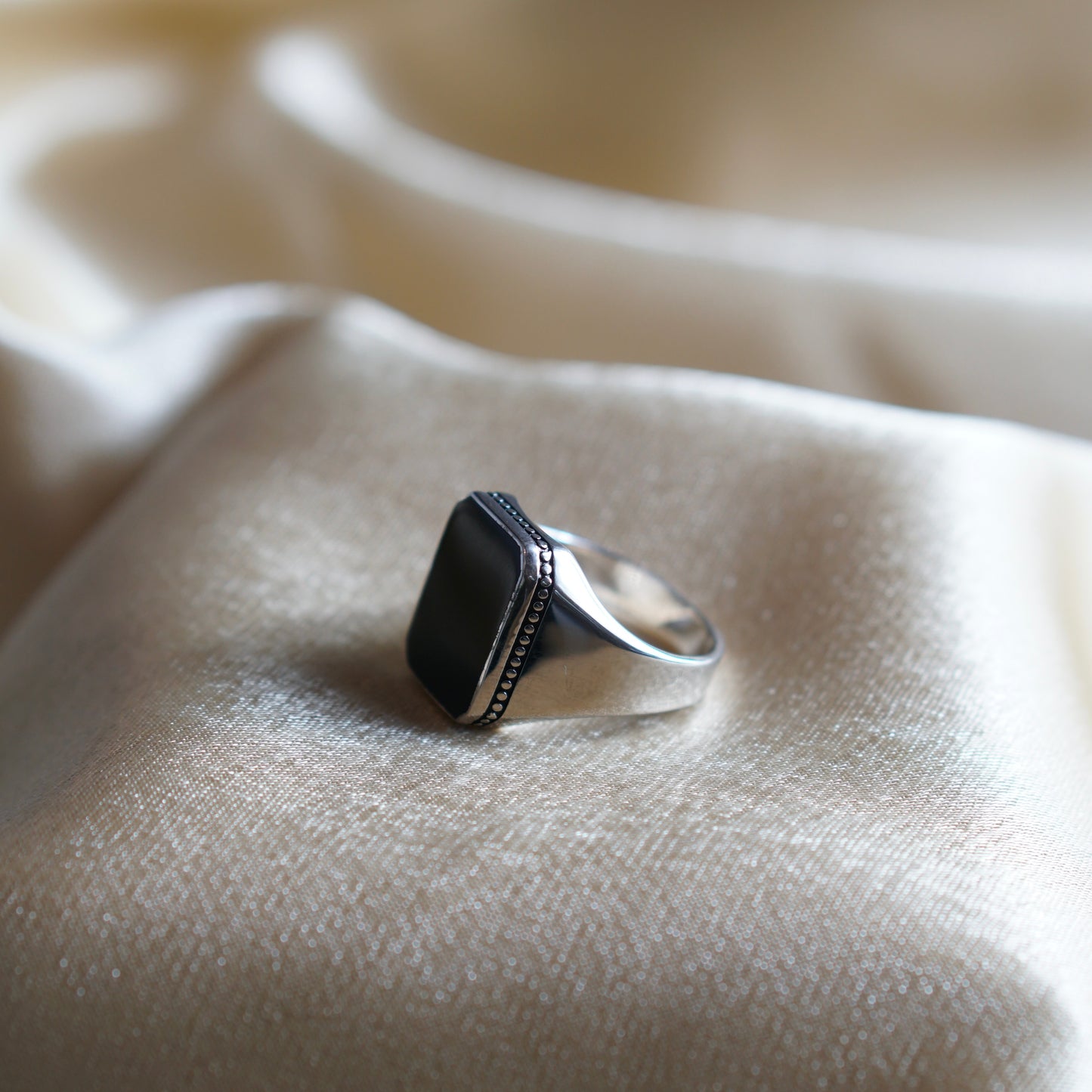 Flat Rectangle ONYX Ring with 925 Silver Band