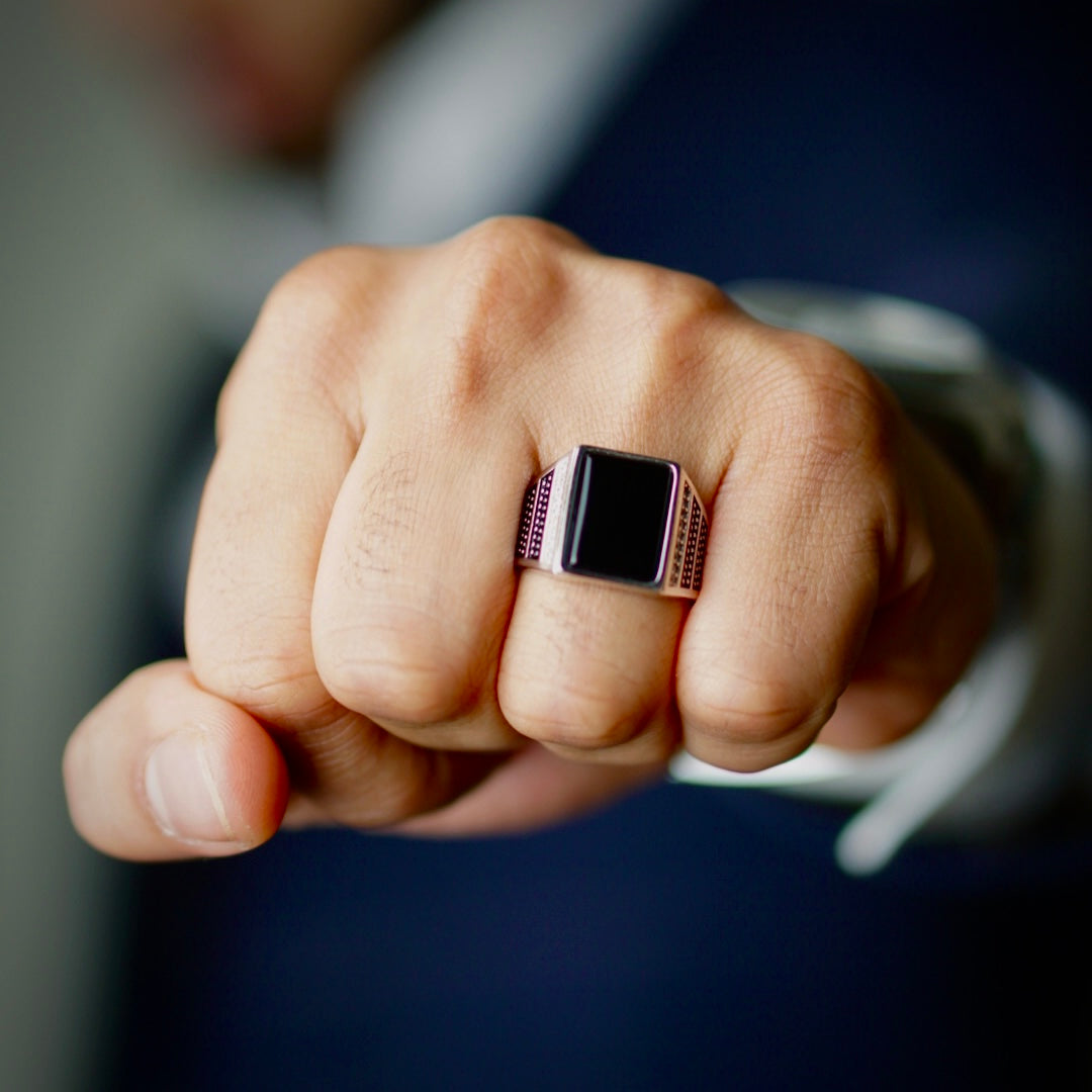 Mens Onyx Ring with Small CZ Side Stones